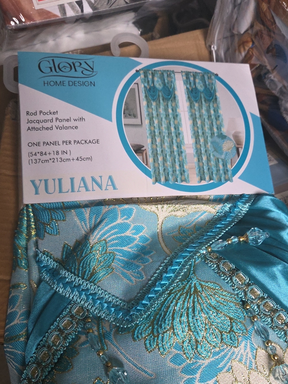 Yuliana Turquoise Jacquard Curtain Panel with Valance